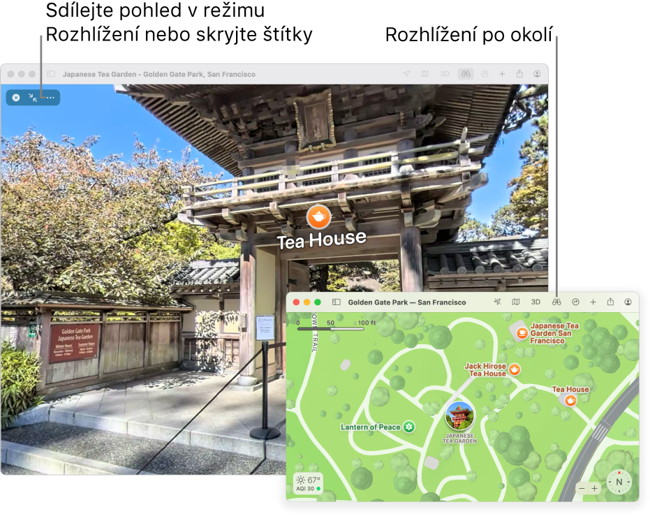 Interaktivní 360stupňové zobrazení turistické atrakce v San Franciscu, s 3D mapou v pravém dolním rohu