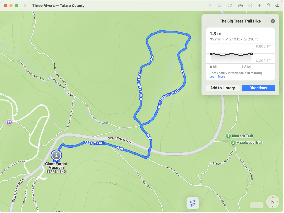 A topographic map of a trail showing its length, altitude gain and loss, and route.