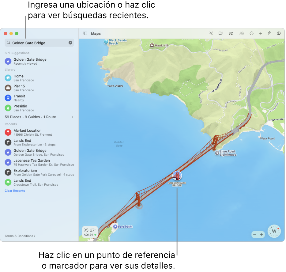 Introduce la ubicación en el campo de búsqueda o haz clic en ella para ver las búsquedas recientes. Haz clic en un punto de referencia o chincheta para ver información.