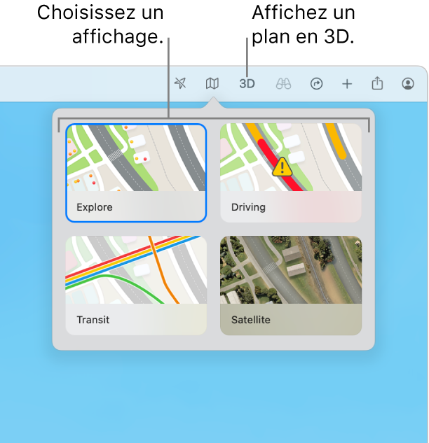 Quelqu’un clique sur le bouton Plan dans la barre d’outils et quatre présentations de plans sont disponibles : Explorer, En voiture, Transports et Satellite.