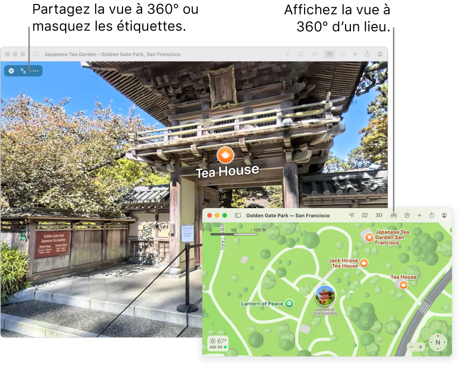 Affichage en vue à 360 degrés d’une attraction locale à San Francisco, avec un plan dans le coin inférieur droit.