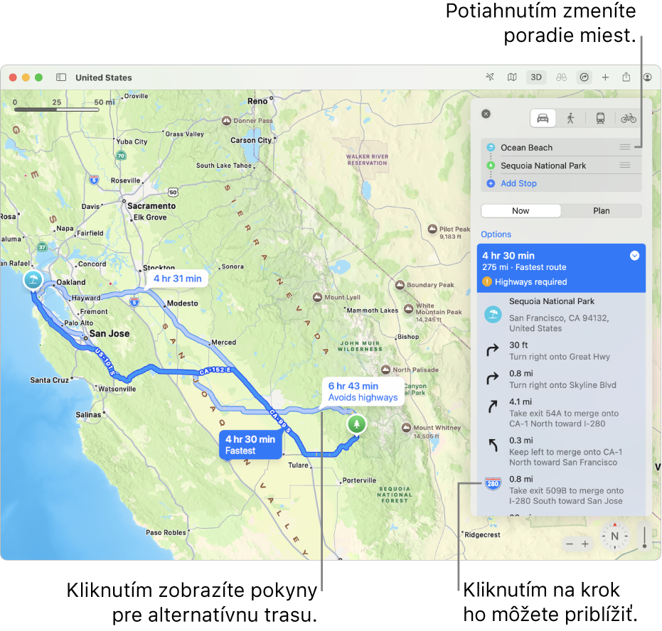 Mapa z oblasti San Francisca s navigáciou pre jazdu autom medzi dvomi lokalitami. Na mape sú tiež zobrazené alternatívne trasy.