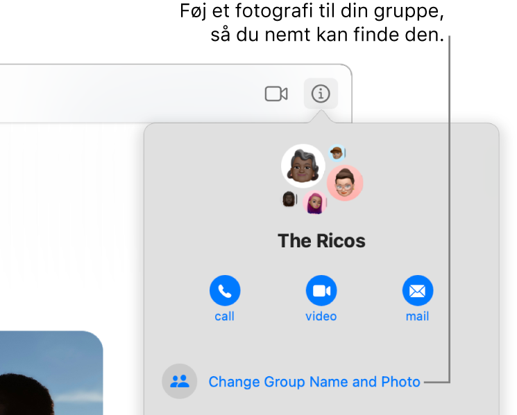 Infooversigten til en gruppesamtale, som vises, når du har klikket på knappen Info i en samtale, der viser symboler for medlemmerne af gruppen og gruppenavnet. Under gruppenavnet er knapper til at foretage et FaceTime-lydopkald eller -videoopkald eller sende en e-mail til gruppen. Under dem er knappen til at ændre gruppenavnet og -fotoet.