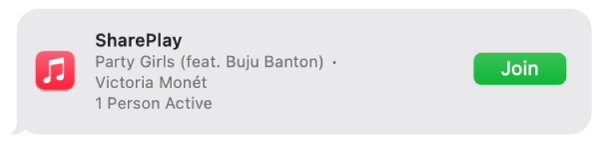 Eine Nachricht mit der Einladung, SharePlay beizutreten und gemeinsam Musik zu hören.