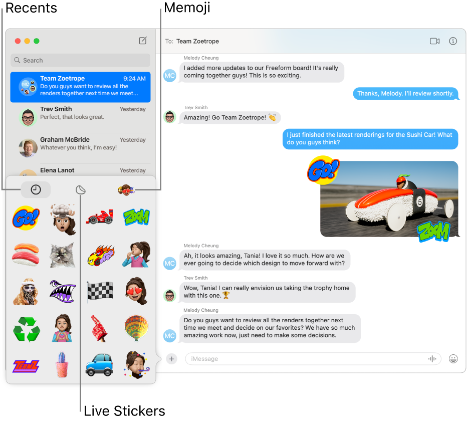 A Messages window with several conversations listed in the sidebar at the left. The Stickers options in the lower-left corner show Recents, Live Stickers and Memoji. A conversation is showing at the right.