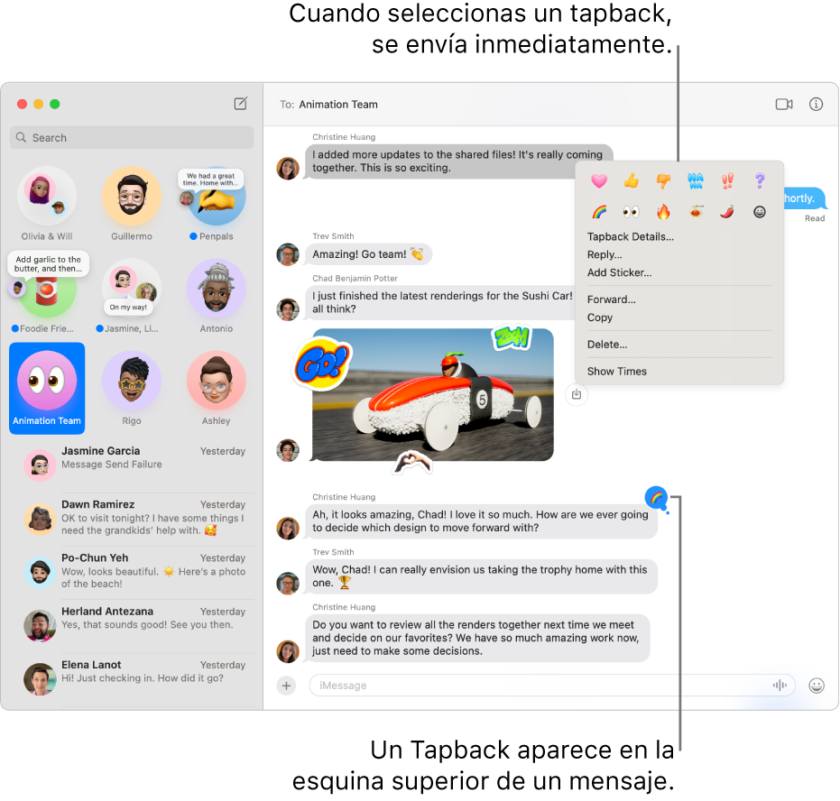 Un Tapback con emoji aparece en la esquina superior de un mensaje, indicando tu respuesta a un mensaje. Un conjunto de opciones de Tapbacks aparece en un menú. Las opciones incluyen Tapbacks clásicos (corazón, un pulgar hacia arriba, un pulgar hacia abajo, JAJA, signos de exclamación y un signo de interrogación) y Tapbacks con emoji.