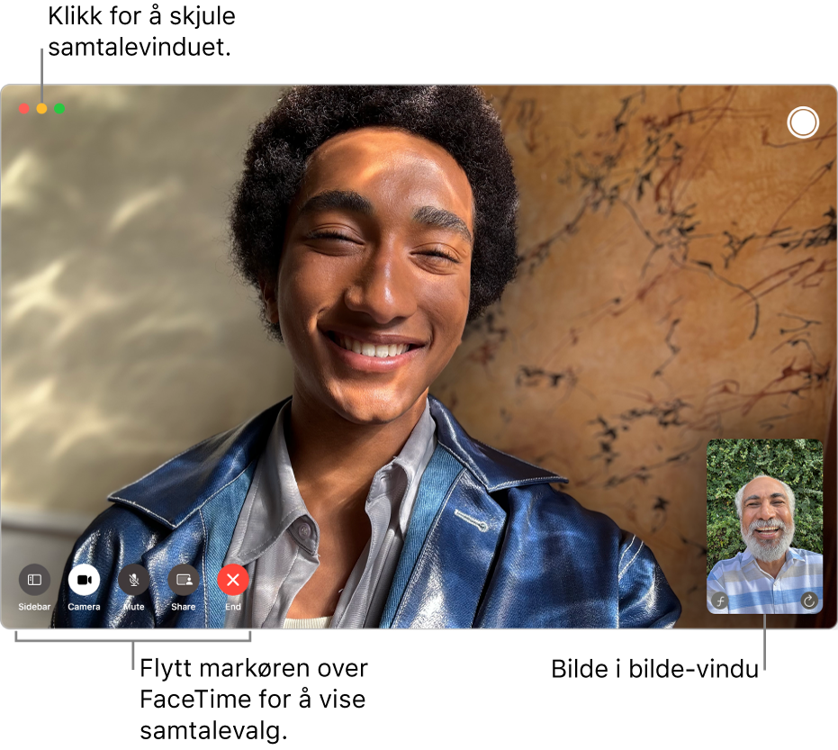 En FaceTime-videosamtale er i gang. Bilde-i-bilde-vinduet vises øverst til høyre, og valgene for FaceTime-samtalen vises nederst til venstre.