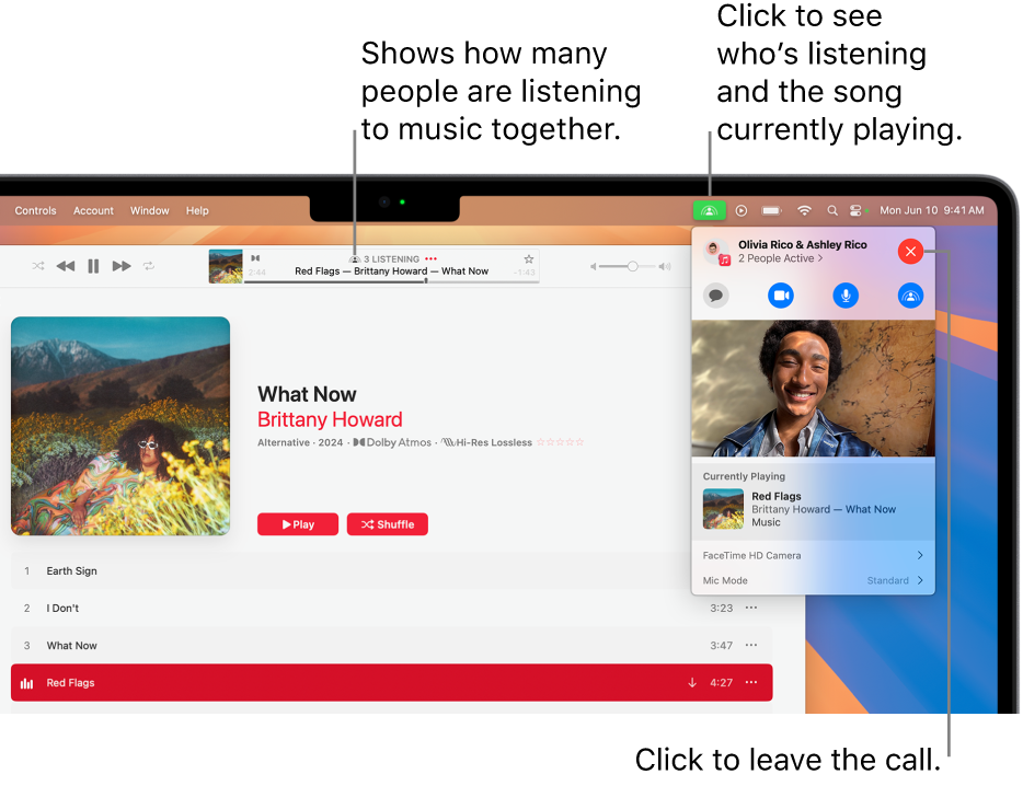 The Apple Music window with a song playing while using SharePlay. The playback window shows how many people are listening to music together. On the right, the SharePlay icon is clicked and you can see who’s listening and the song that’s currently playing. On the right, you can click the Close button.