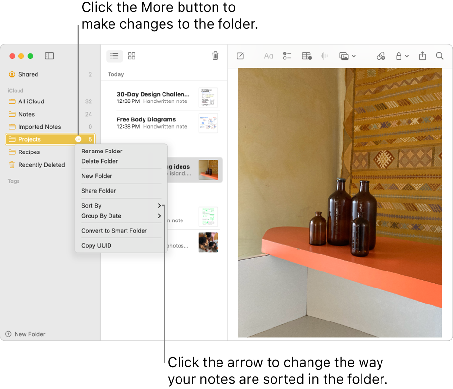 A Notes app window on Mac with one folder in the sidebar showing the More button where you can make changes to a folder. Above the list of notes in the middle is the sort option, which changes the order of the notes — click the arrow to select a different sort order.