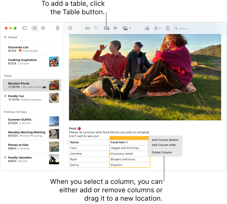 The Notes window showing the Table button—click it to add a table. Within the note content, a table column is selected so you can either add or remove columns or drag it to a new location.