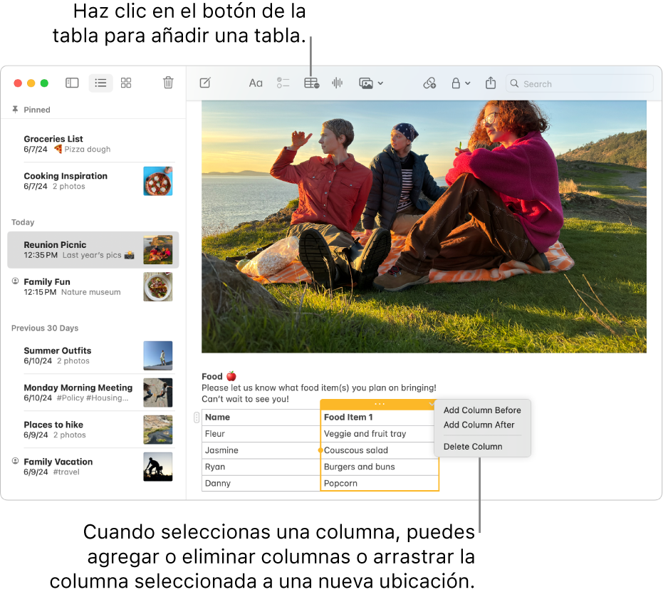 La ventana de Notas mostrando el botón Tabla que sirve para agregar una tabla. Dentro del contenido de la nota, se selecciona una columna de la tabla para poder agregar o eliminar columnas, o arrastrar una columna a otra ubicación.