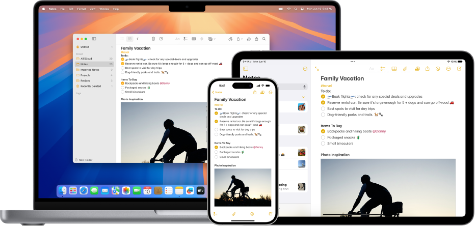 Ventana de la app Notas del Mac, iPhone y iPad en los que se muestra la misma nota de iCloud.