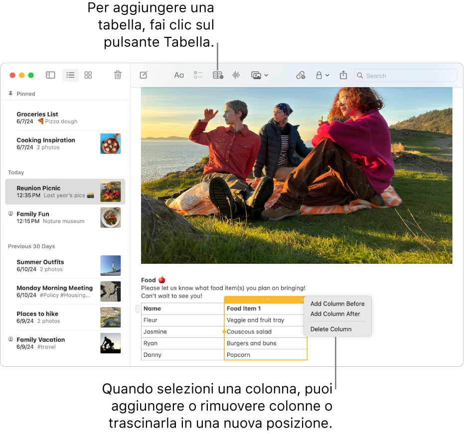 La finestra di Note che mostra il pulsante Tabella; fai clic su di esso per aggiungere una tabella. All’interno del contenuto della nota, viene selezionata una colonna della tabella in modo da poter aggiungere o rimuovere colonne oppure trascinala in una nuova posizione.