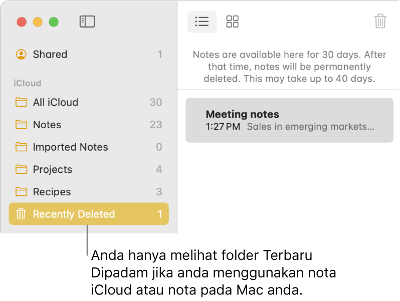 Tetingkap Nota dengan folder Terbaru Dipadam dalam bar sisi dan nota yang baru dipadam. Anda hanya melihat folder Terbaru Dipadam jika anda menggunakan nota iCloud atau nota pada Mac anda.