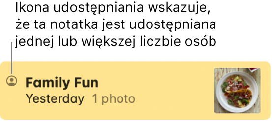 Notatka, która została udostępniona innym osobom oraz ikona przycisku udostępniania po lewej stronie nazwy notatki.