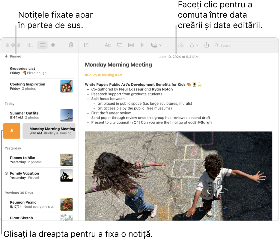 O fereastră a aplicației Notițe de pe Mac, cu lista de notițe în stânga, notițele fixate în partea de sus a listei de notițe și butonul Fixează pe una dintre notițe. Conținutul notiței respective apare în partea dreaptă, cu data în partea de sus; faceți clic pe dată pentru a comuta între data creării și data editării.