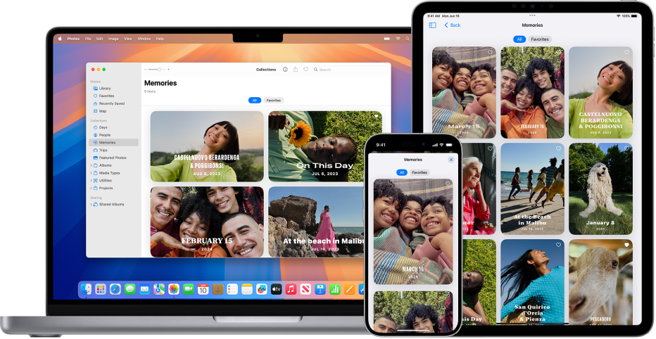 An iPhone, MacBook and iPad all showing memories from the same photo library.