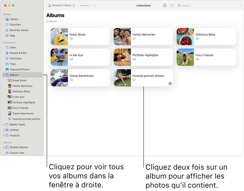 La fenêtre Photos avec « Albums » sélectionné dans la barre latérale et des albums affichés à droite.