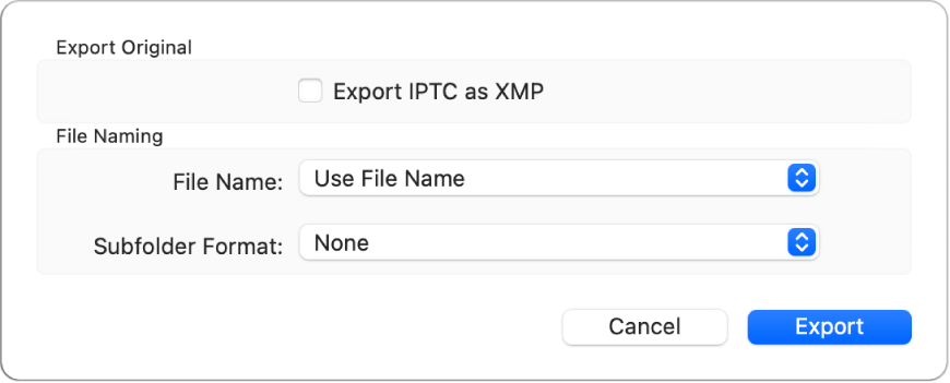 Egy párbeszédpanel, amely beállításokat kínál a fotófájlok exportálásához eredeti formátumukba.