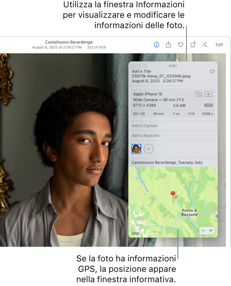 La finestra Informazioni di una foto.