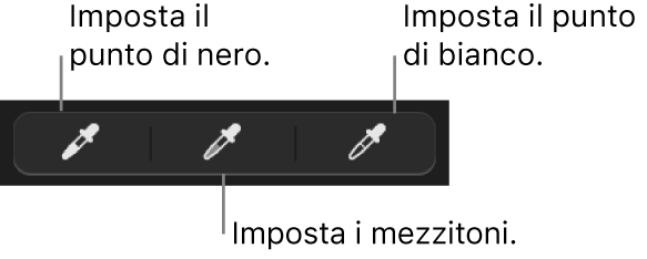 Tre contagocce utilizzati per impostare il punto di nero, i mezzitoni e il punto di bianco della foto o del video.