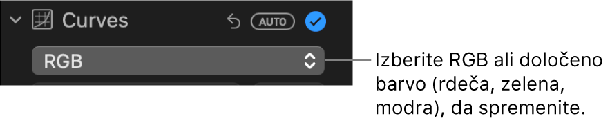Krmilne funkcije v možnosti Krivulje v podoknu Prilagodi s prikazom izbranega RGB spodaj.