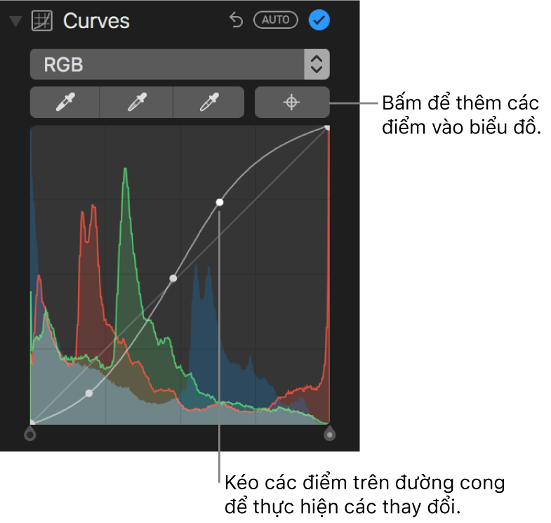 Các điều khiển Đường cong trong khung Điều chỉnh, đang hiển thị nút Thêm điểm ở phía trên bên phải và biểu đồ RGB bên dưới.