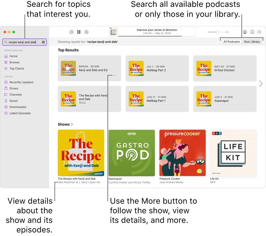 The Podcasts window showing text entered in the search field in the top-left corner, and episodes and shows matching the search of all podcasts in the screen to the right. Click the link below the show to view details about the show and its episodes. Use the show’s More button to follow the show, change its settings, and more.