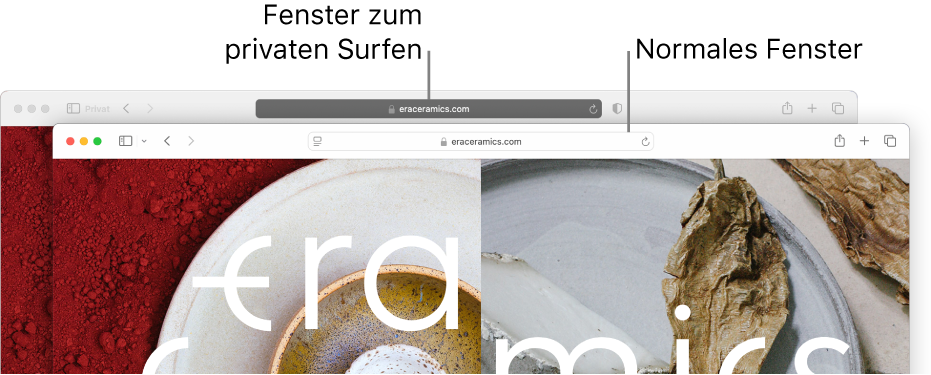 Ein privates Safari-Fenster mit einem dunklen intelligenten Suchfeld und ein normales Safari-Fenster mit seinem hellen intelligenten Suchfeld.