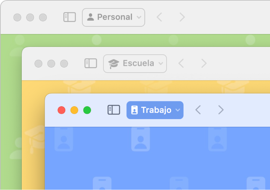 Tres ventanas de perfiles de Safari: uno para uso personal, otro para la escuela y otro para el trabajo.