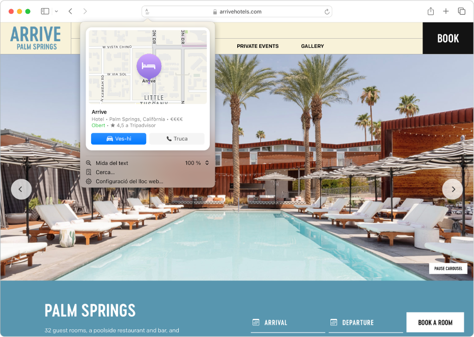 L’app Safari mostra els aspectes destacats d’una destinació hotelera a Palm Springs, com ara un mapa, botons per trucar a l’hotel i obtenir indicacions, així com un enllaç per fer una reserva.