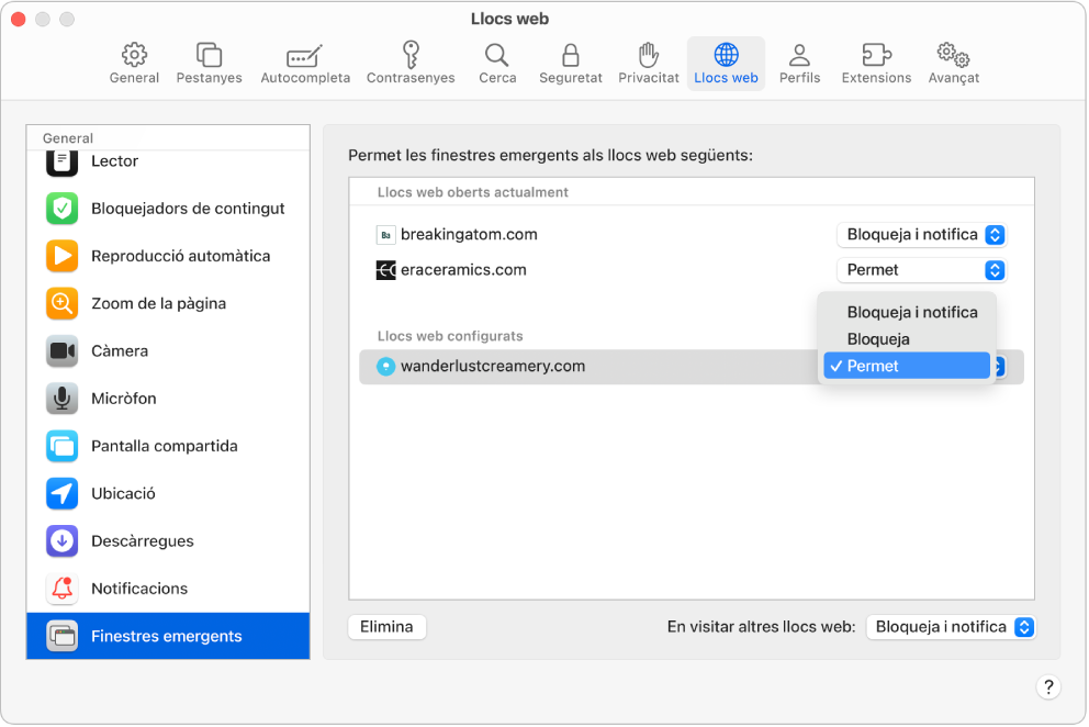 L'opció “Finestres emergent” de la configuració del Safari, amb l'opció “Permet” seleccionada per a un lloc web configurat.