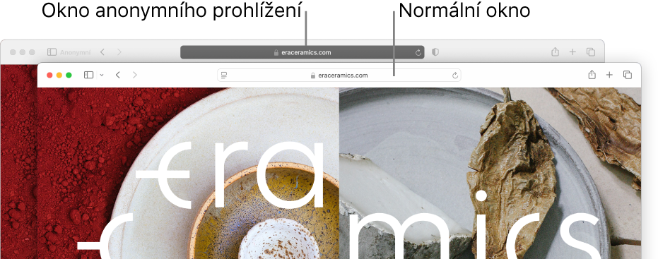Anonymní okno Safari s tmavým dynamickým vyhledávacím polem a běžné okno Safari se světlým dynamickým vyhledávacím polem