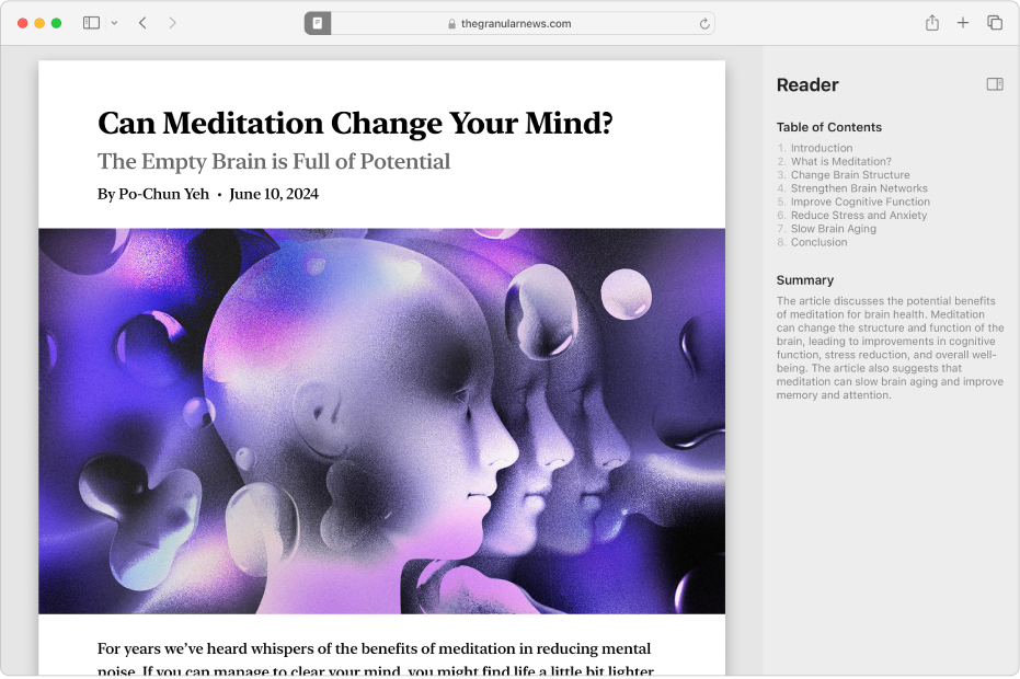 A Reader window showing the beginning of an article, a table of contents and a summary of the article.