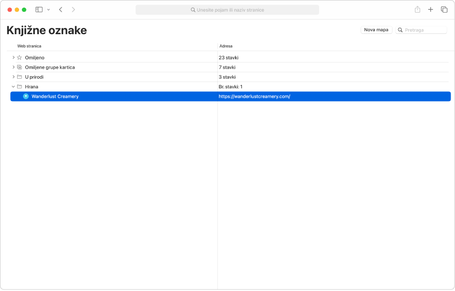 Prozor za uređivanje knjižnih oznaka u Safariju.