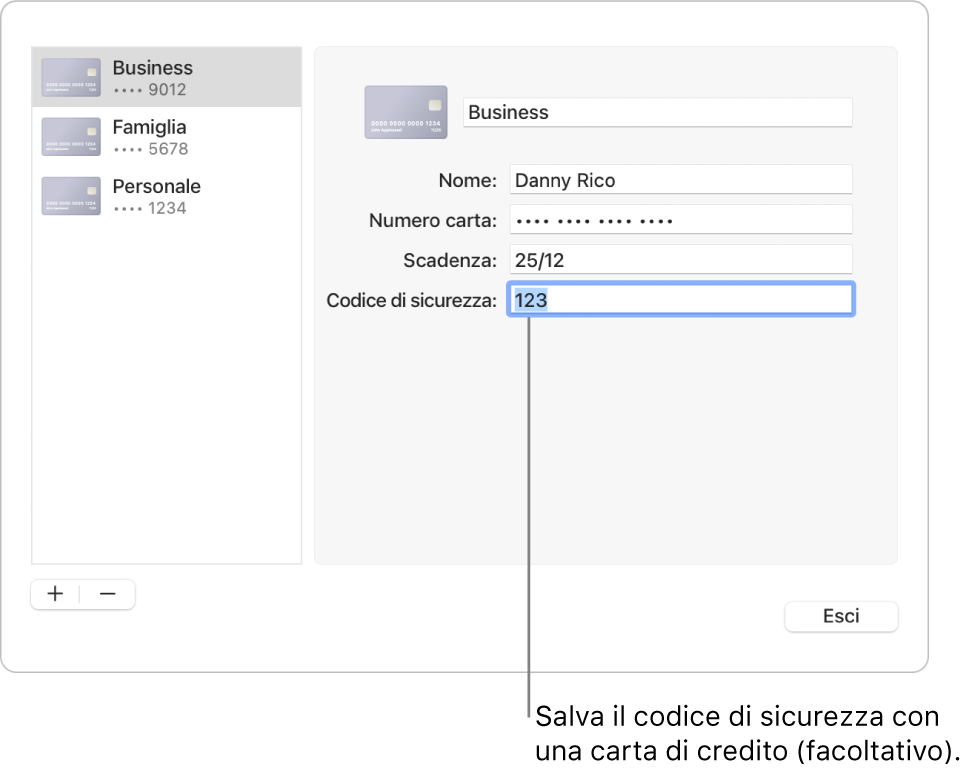 Un modulo con le informazioni della carta di credito con i campi per l’inserimento di nome, numero della carta, data di scadenza e codice di sicurezza.