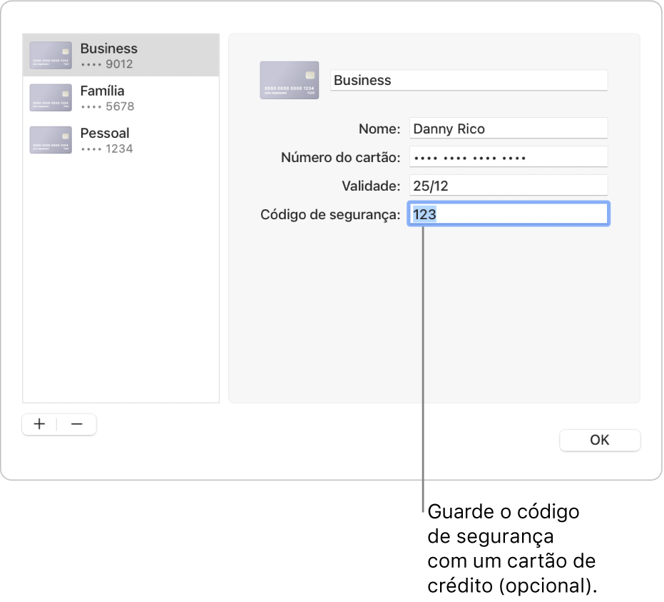 Um formulário de cartão de crédito com campos para introduzir o nome, o número do cartão, a data de validade e o código de segurança.