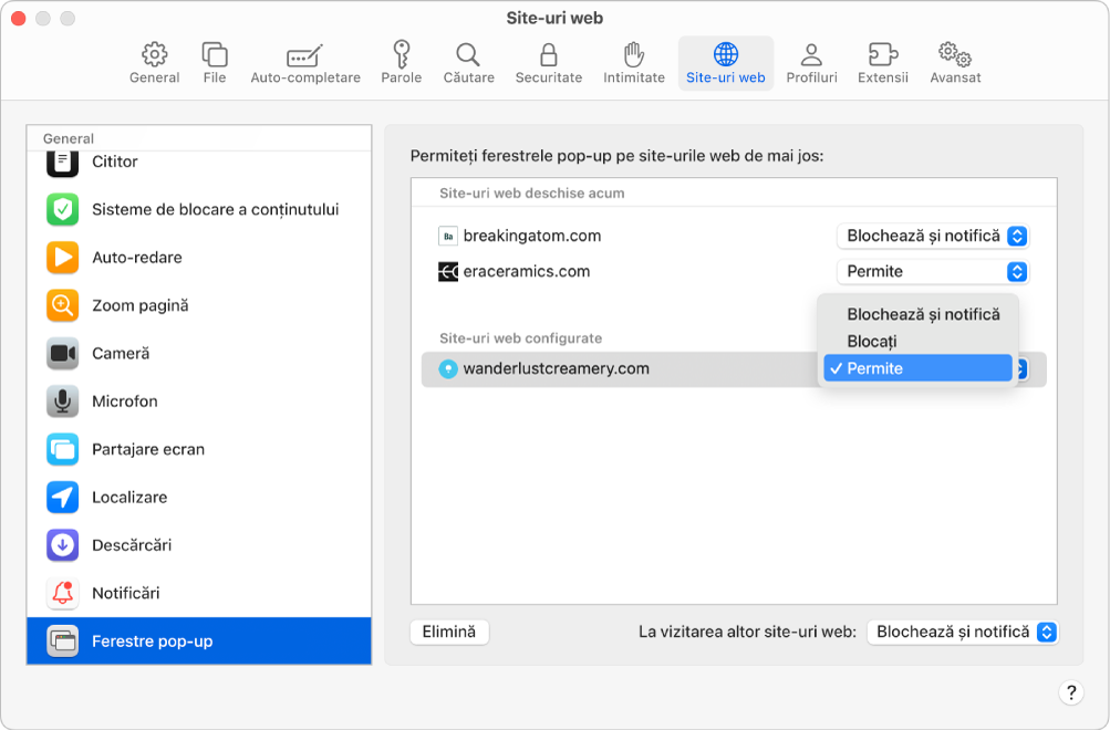 Configurarea “Ferestre pop‑up” din Safari, cu opțiunea “Permite” selectată pentru un site web configurat.