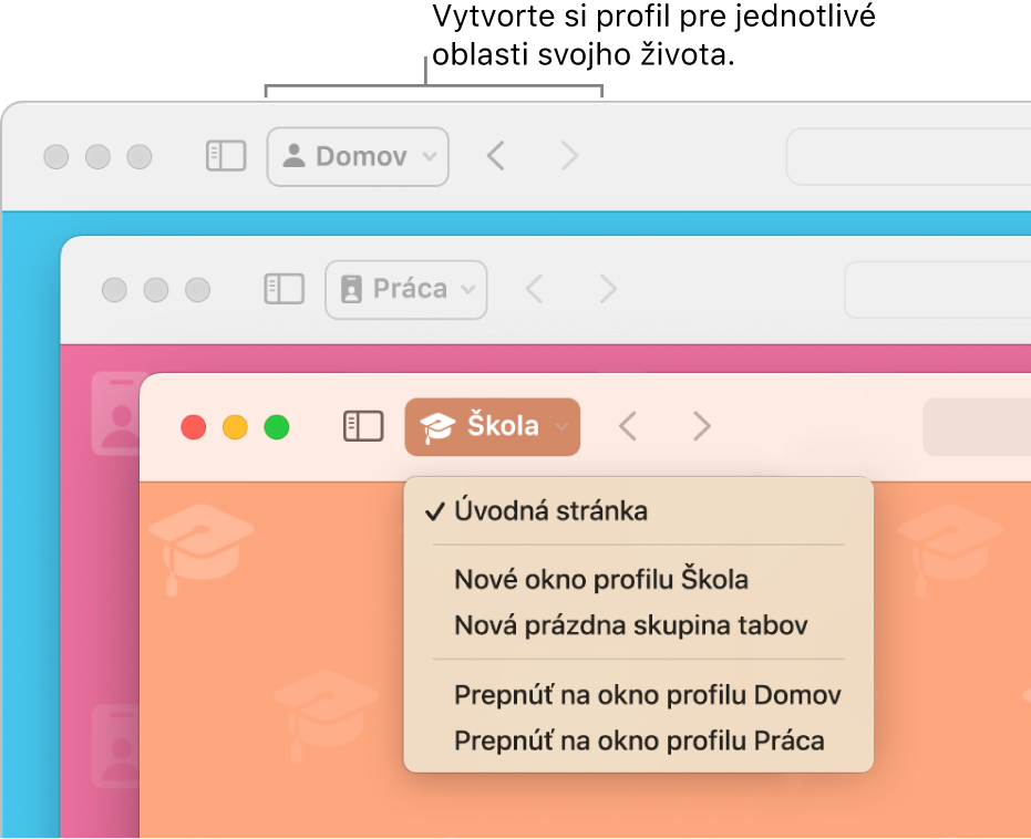 Tri okná profilov v Safari: jedno pre domov, jedno pre prácu a jedno pre školu.