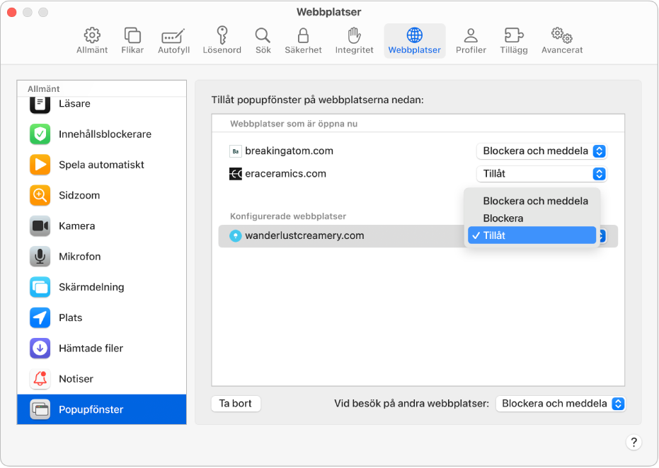 Alternativet Popupfönster i Safari-inställningar med Tillåt markerat för en inställd webbplats.