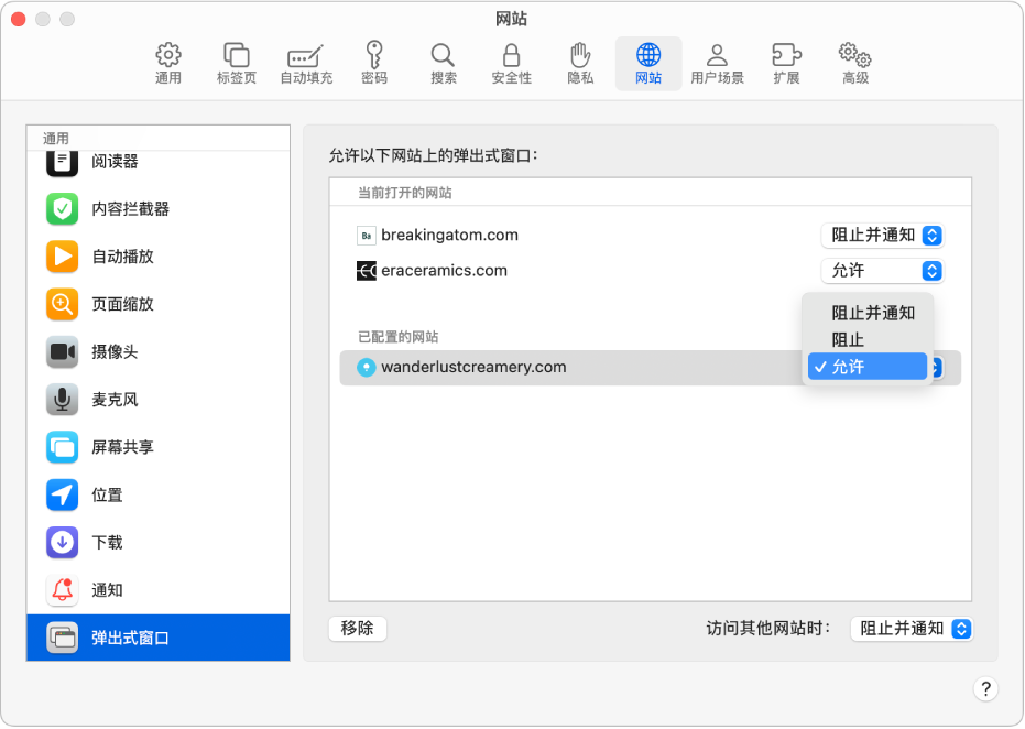 Safari 浏览器设置的“弹出式窗口”选项，某个已配置网站已选择“允许”。