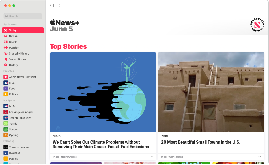 The Apple News window with the sidebar on the left and Top Stories on the right.