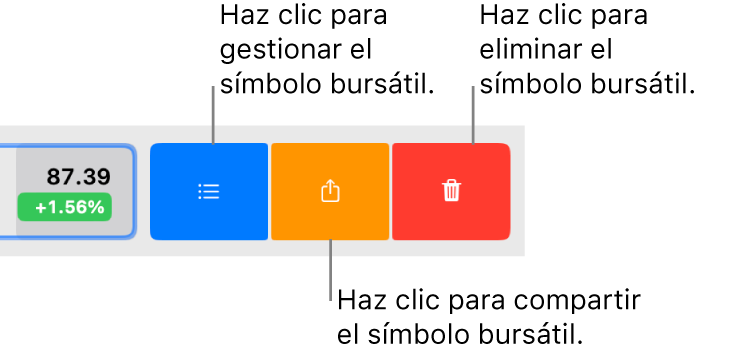 Los botones Gestionar, Compartir y Eliminar que aparecen cuando seleccionas un símbolo de empresa en la lista de valores favoritos y deslizas hacia la izquierda.