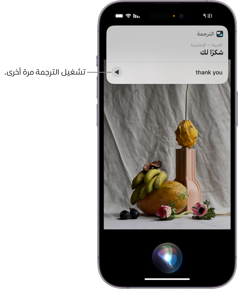 شاشة iPhone يظهر بها مؤشر الاستماع لـ Siri في الجزء السفلي، ورد من Siri على شكل ترجمة [من الإنجليزية إلى الماندرين] في الجزء العلوي.