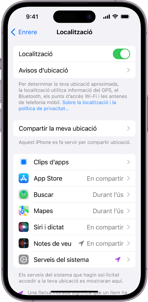 La pantalla Localització amb la configuració per compartir la ubicació del teu iPhone, inclosa la configuració personalitzada per a apps individuals.