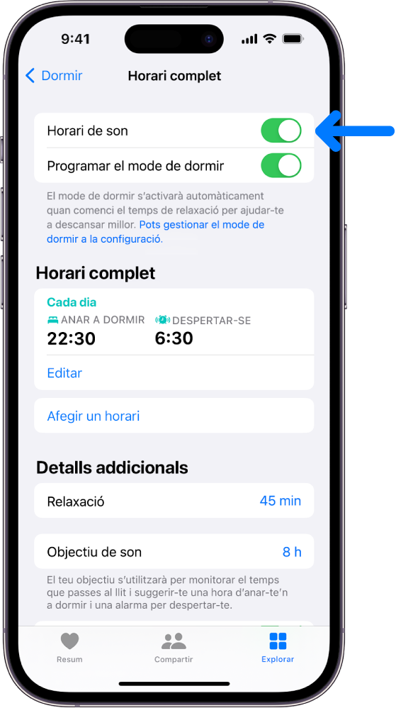 Pantalla del mode de dormir “Horari complet” a l’app Salut amb l’opció “Horari de son” activada al capdamunt.