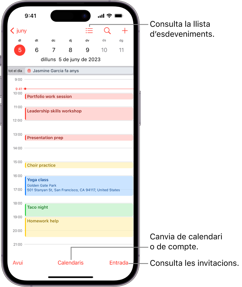 Calendari en vista diària on es mostren els esdeveniments del dia. Els botons del calendari es mostren al centre de la part inferior de la pantalla i el botó “Bústia d’entrada” apareix a la dreta de la part inferior.