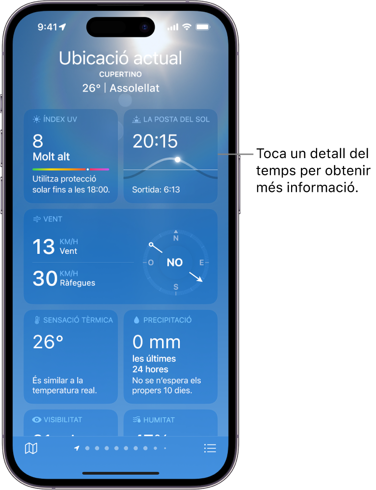 Pantalla de l’app Temps que mostra la ubicació a la part superior, i la temperatura i les condicions meteorològiques actuals. A la resta de la pantalla apareixen les dades dels següents elements: qualitat de l’aire, precipitació, índex dels raigs UV i la posta de sol.