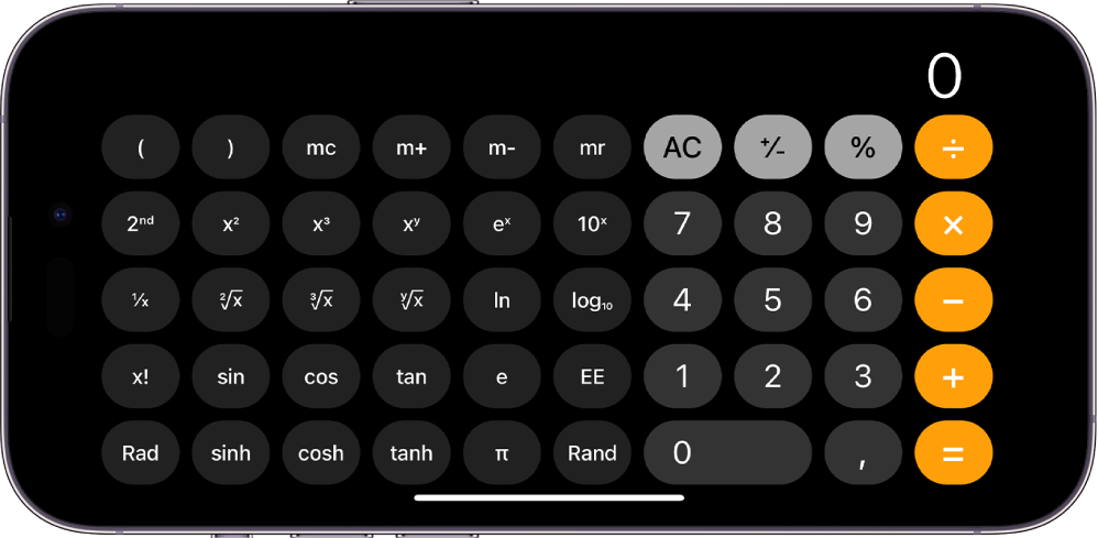 iPhone en orientació horitzontal que mostra la calculadora científica amb les funcions exponencial, logarítmica i trigonomètrica.