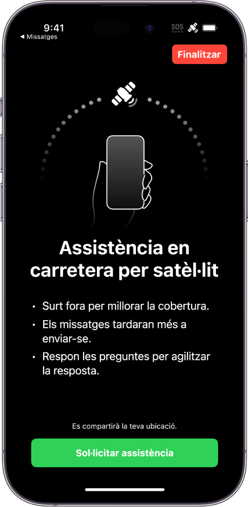 La pantalla d’assistència en carretera per satèl·lit. A la part inferior de la pantalla hi ha el botó “Sol·licitar assistència”.